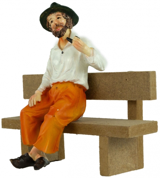 Preview: Handbemalte Krippenfigur Großvater sitzend inkl. Bank, ca. 8 cm, K 926