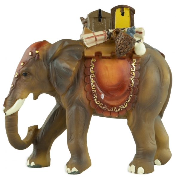 Handbemalte Krippenfigur Elefant mit Gepäck, ca. 10 cm, T 004-15