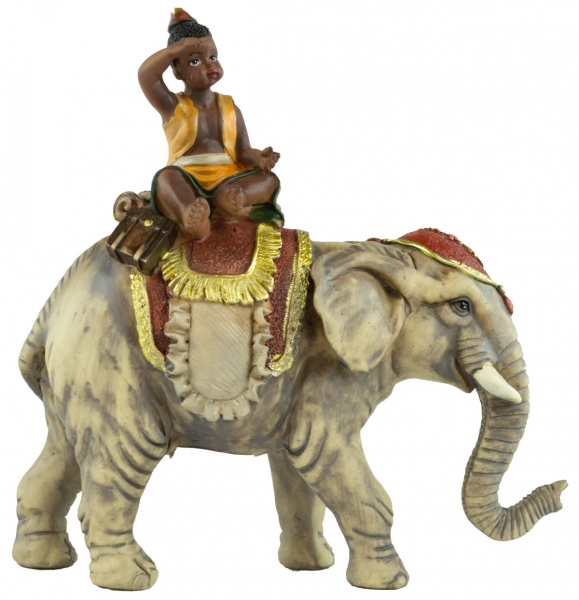 Handbemalte Krippenfigur Elefant mit Reiter, ca. 16 cm, K 134-12