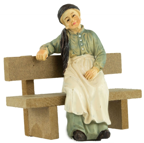 Preview: Handbemalte Krippenfigur Großmutter sitzend inkl. Bank, ca. 8 cm, K 925
