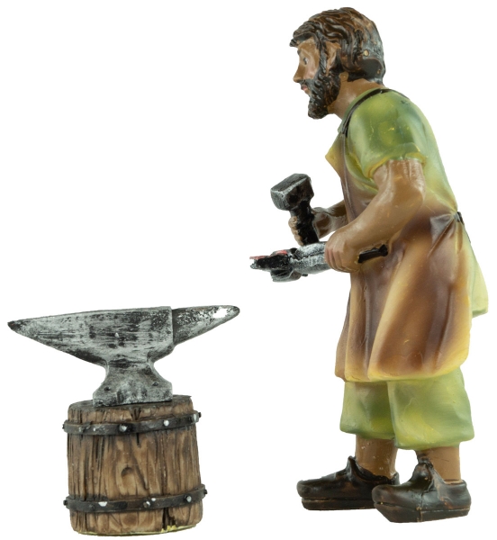 Preview: Handbemalte Krippenfigur Schmied mit Amboss 3-tlg., ca. 10 cm, K 937-10