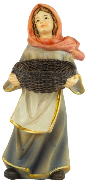 Handbemalte Krippenfigur Magd mit Flechtkorb, ca. 10 cm, K 183-33