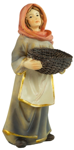 Preview: Handbemalte Krippenfigur Magd mit Flechtkorb, ca. 10 cm, K 183-33