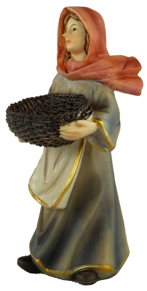 Preview: Handbemalte Krippenfigur Magd mit Flechtkorb, ca. 10 cm, K 183-33