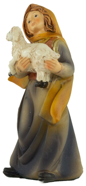 Preview: Handbemalte Krippenfigur Magd mit einem Lamm, ca. 10 cm, K 183-56