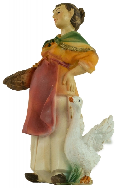 Preview: Handbemalte Krippenfigur Magd mit Brotkorb und einer Gans, ca. 10,5 cm, K 907-11
