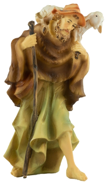 Handbemalte Krippenfigur Schäfer mit einem Schaf, ca. 11 cm, K 001-20
