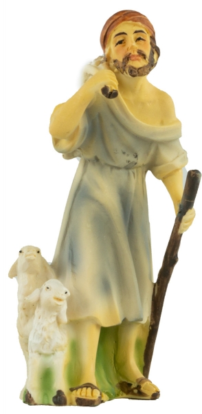 Handbemalte Krippenfigur Schäfer mit drei Schafen, ca. 10,5 cm, K 914-11