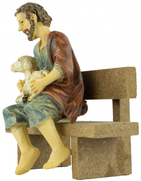 Preview: Handbemalte Krippenfigur Schäfer sitzend inkl. Bank, ca. 9 cm, K 919-11