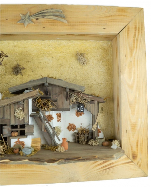 Preview: Einzigartiges Weihnachtskrippenbild inkl. 12-tlg. Figurensatz K 181, Maße Bild: ca. 45 x 55 x 18 cm