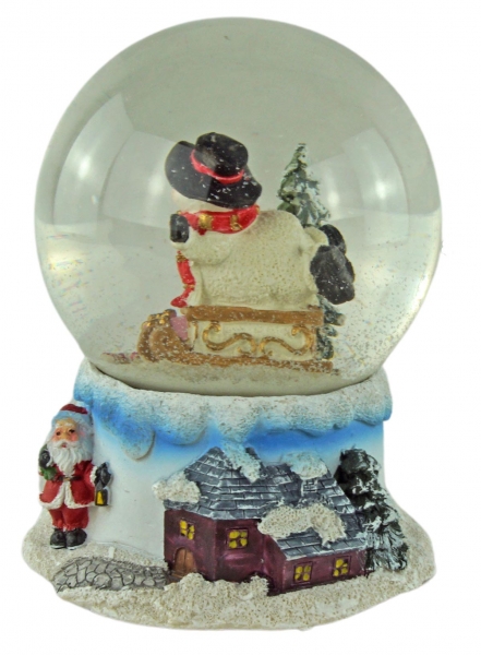 Preview: Wunderschöne Schneekugel mit Spieluhr Schneemann auf Schlitten ca. 14 cm - Dekoration
