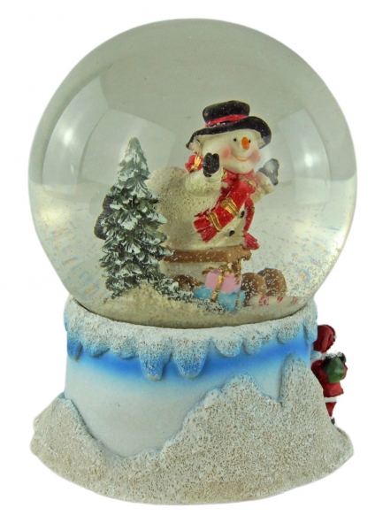 Preview: Wunderschöne Schneekugel mit Spieluhr Schneemann auf Schlitten ca. 14 cm - Dekoration