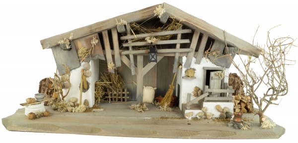 Preview: Stilvolle Weihnachtskrippe Breitenbrunn inkl. 12-tlg. Figurensatz K 650-9, Maße Krippe: ca. 60 x 23 x 26 cm