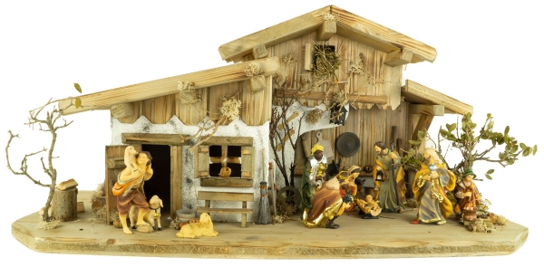 Prachtvolle Weihnachtskrippe Engelthal hell inkl. 12-tlg. Figurensatz K 001, Maße Krippe: ca. 70 x 30 x 32 cm