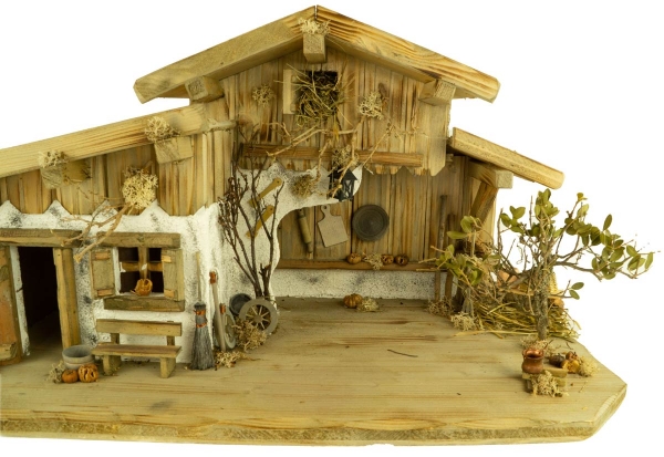 Preview: Prachtvolle Weihnachtskrippe Engelthal hell inkl. 12-tlg. Figurensatz K 001, Maße Krippe: ca. 70 x 30 x 32 cm