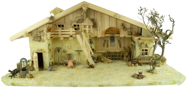 Preview: Stimmungsvolle, handgefertigte Weihnachtskrippe Gotthard aus Holz hell inkl. 12-tlg. handbemaltem Figurensatz K 001,    Maße Krippe: ca. 90 x 40 x 40 cm