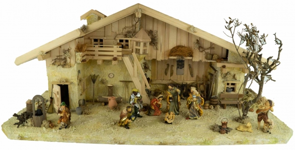 Stimmungsvolle, handgefertigte Weihnachtskrippe Gotthard aus Holz hell inkl. 12-tlg. handbemaltem Figurensatz K 001,    Maße Krippe: ca. 90 x 40 x 40 cm