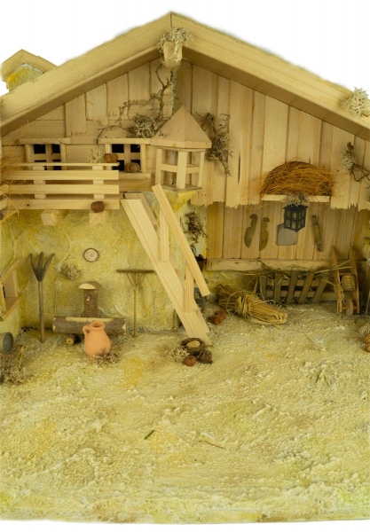 Preview: Stimmungsvolle, handgefertigte Weihnachtskrippe Gotthard aus Holz hell inkl. 12-tlg. handbemaltem Figurensatz K 001,    Maße Krippe: ca. 90 x 40 x 40 cm