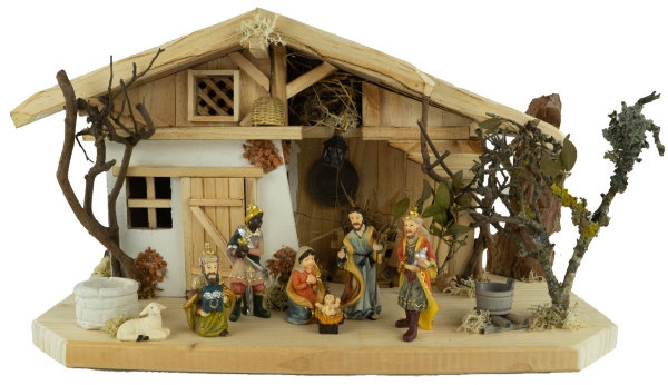 Festliche Weihnachtskrippe Himmelgarten inkl. 10-tlg. Figurensatz K 132, Maße: ca. 45 x 20 x 22 cm