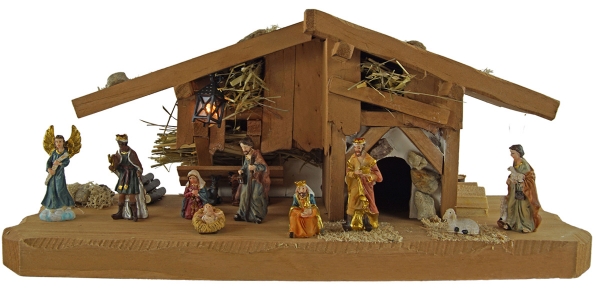 Bezaubernde Weihnachtskrippe Kalchreuth inkl. 11-tlg. Figurensatz K 111, Maße Krippe: ca. 33 x 11 x 14 cm
