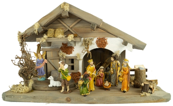 Festliche Weihnachtskrippe Moorsbrunn mit LED inkl. 12-tlg. Figurensatz F 650-7, Maße Krippe: ca. 40 x 20 x 22 cm