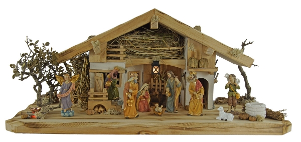 Wundervolle Weihnachtskrippe Neunhof inkl. 12-tlg. Figurensatz K 650-9, Maße: ca. 58 x 25 x 25 cm