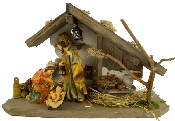 Traditionelle Weihnachtskrippe Treuf inkl. 4-tlg. Figurensatz K 001-01, Maße Krippe: ca. 30 x 11 x 18 cm