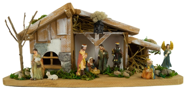 Festliche Weihnachtskrippe Vorra inkl. 11-tlg. Figurensatz K 111, Maße Krippe: ca. 30 x 11 x 14 cm