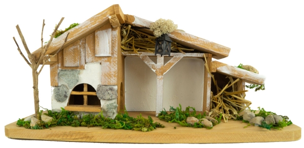 Preview: Festliche Weihnachtskrippe Vorra inkl. 11-tlg. Figurensatz K 111, Maße Krippe: ca. 30 x 11 x 14 cm