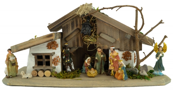 Traditionelle Weihnachtskrippe Winn inkl. 11-tlg. Figurensatz K 111, Maße Krippe: ca. 30 x 10 x 14 cm