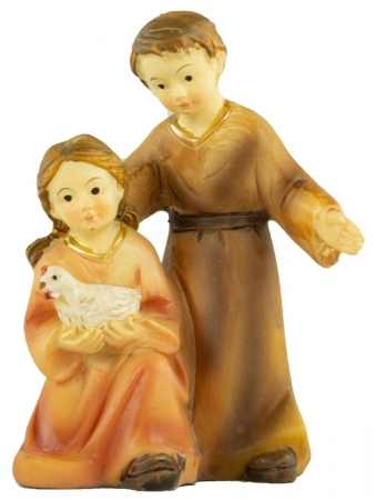 Handbemalte Krippenfigur Kinderpaar mit einem Huhn, ca. 7 cm, K 182-36