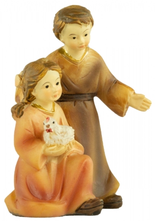 Handbemalte Krippenfigur Kinderpaar mit einem Huhn, ca. 7 cm, K 182-36