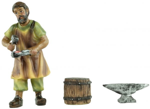 Handbemalte Krippenfigur Schmied mit Amboss 3-tlg., ca. 10 cm, K 937-10