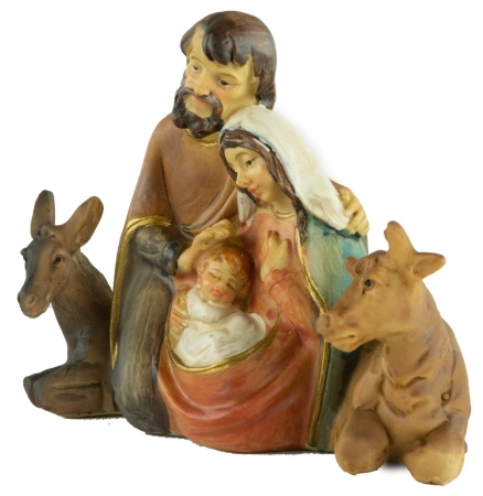 Krippenfigur Heilige Familie mit Ochse und Esel, ca. 9 cm, 74197