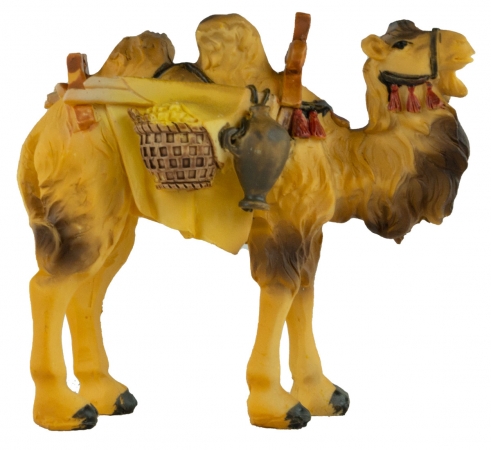 Handbemalte Krippenfigur Kamel mit Gepäck, ca. 8 cm, K 004-16