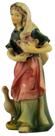 Handbemalte Krippenfigur Magd mit Krug und einer Gans, ca. 10 cm, K 001-13