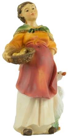 Handbemalte Krippenfigur Magd mit Brotkorb und einer Gans, ca. 10,5 cm, K 907-11