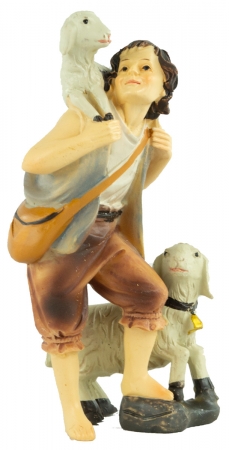 Handbemalte Krippenfigur Schäfer mit zwei Schafen, ca. 11 cm, K 001-12