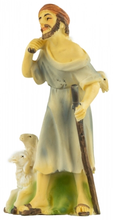 Handbemalte Krippenfigur Schäfer mit drei Schafen, ca. 10,5 cm, K 914-11