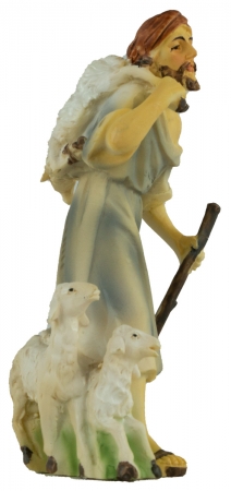 Handbemalte Krippenfigur Schäfer mit drei Schafen, ca. 10,5 cm, K 914-11