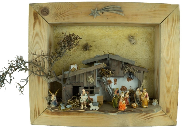 Einzigartiges Weihnachtskrippenbild inkl. 12-tlg. Figurensatz K 181, Maße Bild: ca. 45 x 55 x 18 cm