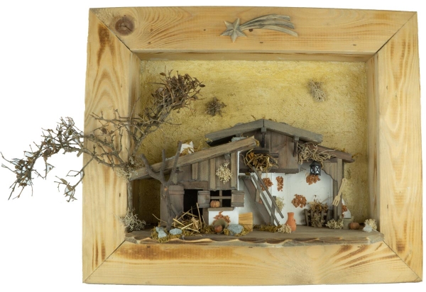 Einzigartiges Weihnachtskrippenbild inkl. 12-tlg. Figurensatz K 181, Maße Bild: ca. 45 x 55 x 18 cm