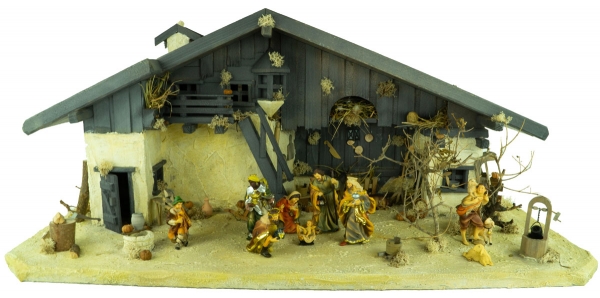 Stimmungsvolle Weihnachtskrippe Gotthard dunkel inkl. 12-tlg. Figurensatz K 001, Maße Krippe: ca. 90 x 40 x 40 cm