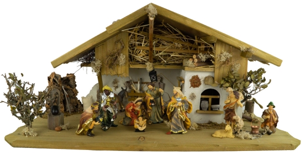 Traditionelle Weihnachtskrippe Hersbruck inkl. 12-tlg. Figurensatz K 001, Maße Krippe: ca. 66 x 30 x 31 cm