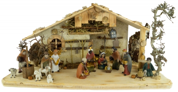 Bezaubernde handgemachte beleuchtbare Weihnachtskrippe Lauf inkl. 16-tlg. handbemaltem Figurensatz.