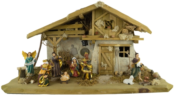 Wunderschöne Weihnachtskrippe Olbernhau inkl. 11-tlg. Figurensatz K 604, Maße Krippe: ca. 60m x 30 x 30 cm