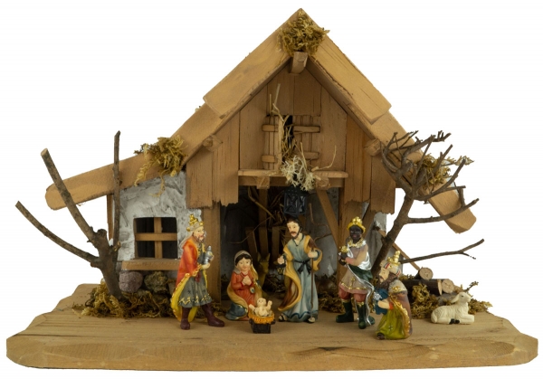 Bezaubernde Weihnachtskrippe Schwaig inkl. 10-tlg. Figurensatz K 132, Maße: ca. 36 x 18 x 24 cm